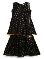 Ahalyaa Black Georgette Gold Foil Print Kids Peplum style Kurta Sharara Set With Dupatta For Girls