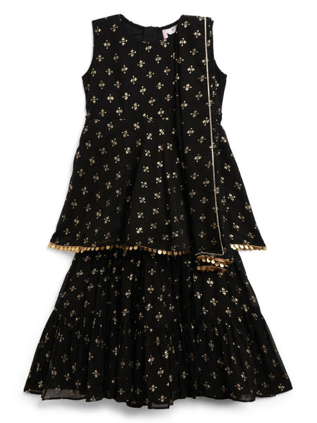 Ahalyaa Black Georgette Gold Foil Print Kids Peplum style Kurta Sharara Set With Dupatta For Girls