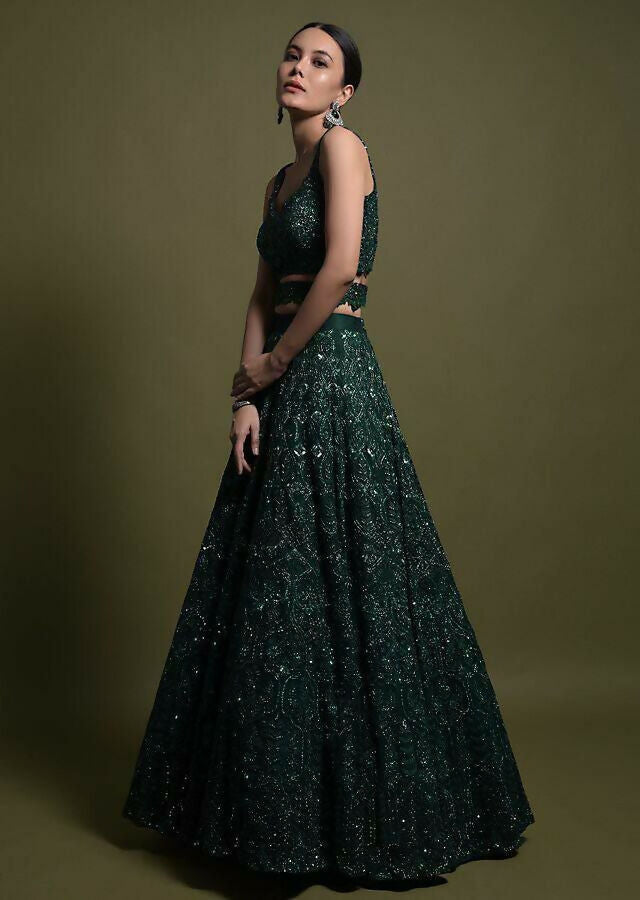 Jyoti Fashion Women's Dark Green Net Sequins with Dori & Thread Embroidered Designer Lehenga Choli Set