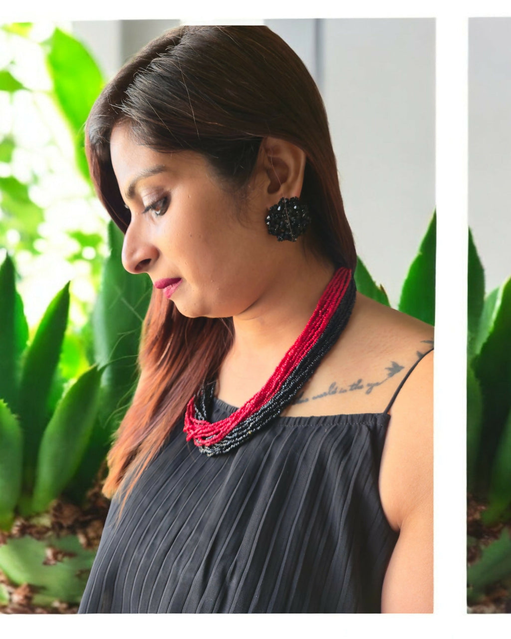 Inhanns Vibrant Handmade 20 Layers Beaded Necklace With Matching Earrings - Black & Red