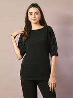 Myshka Women's Black Solid Boat Neck Party Top
