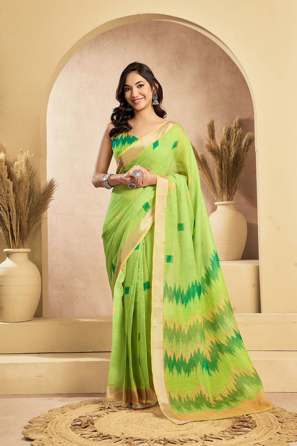 Vastranavya Mint Green Digital Printed Linen Ready To Wear Pocket Saree with Unstitched Blouse - Distacart