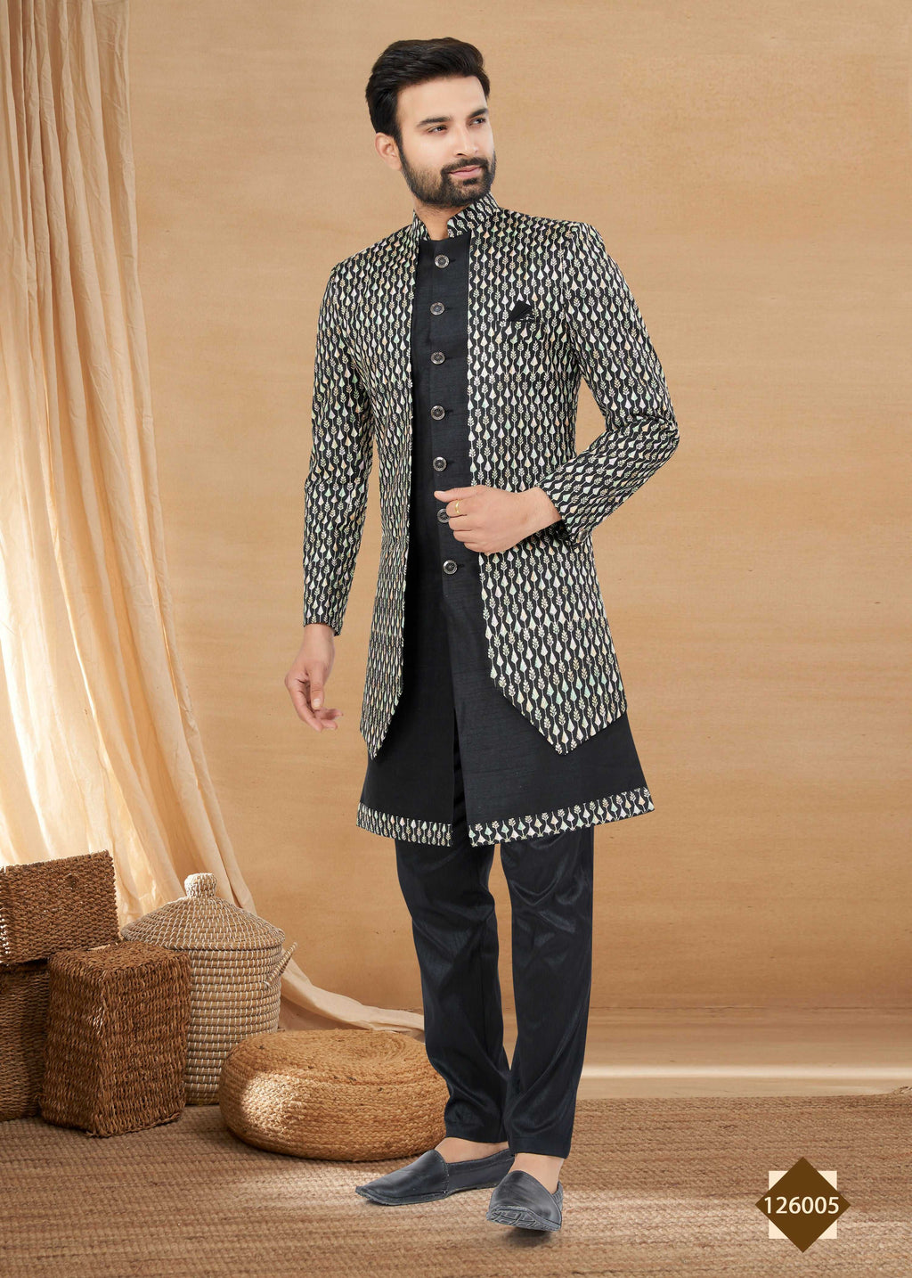 Joban Fashion Men's Black Heavy Art Silk Double Finish Plain Indowestern