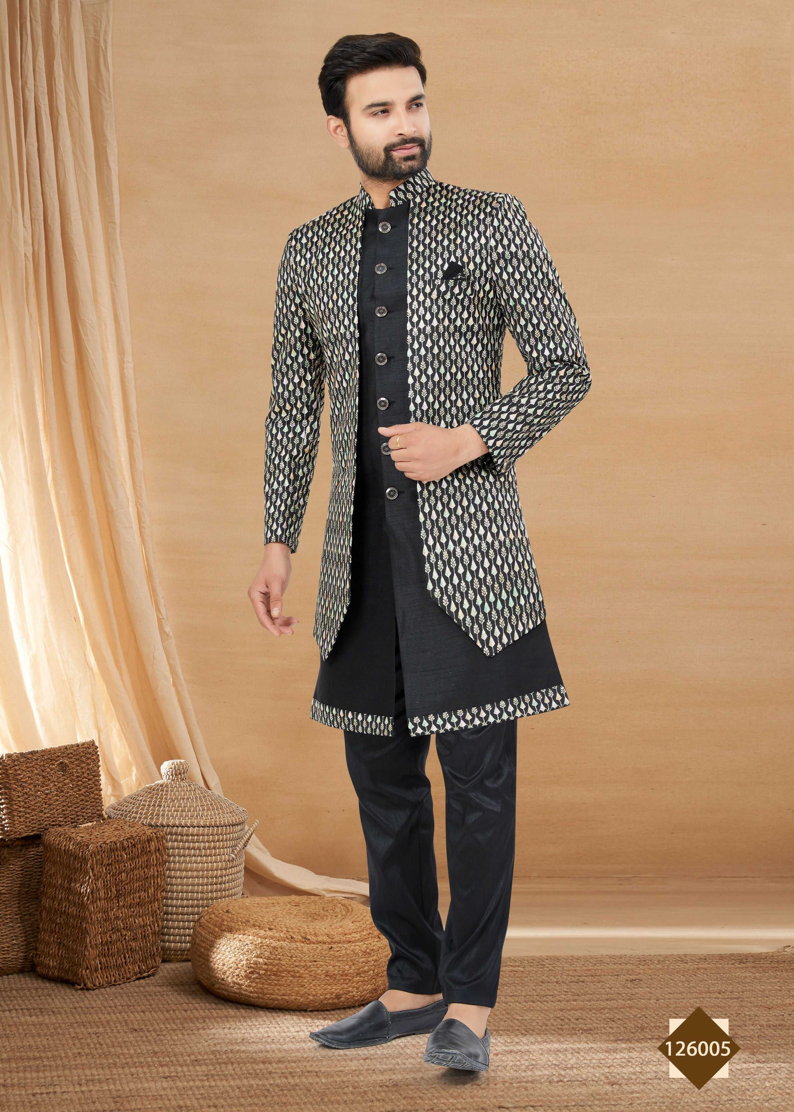 Joban Fashion Men's Black Heavy Art Silk Double Finish Plain Indowestern