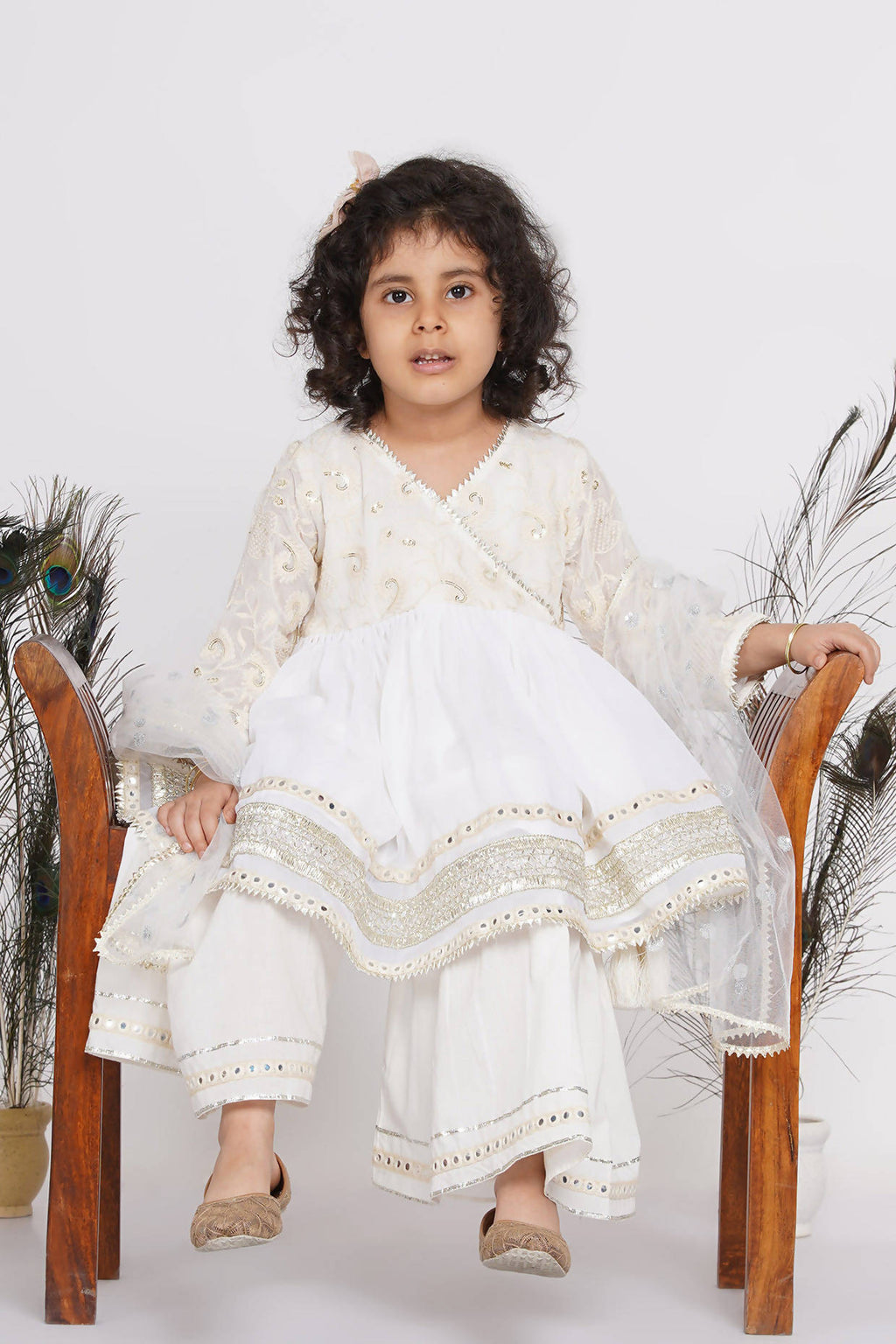 Little Bansi Girls Cotton Floral Embroidery & Lacework Kurta with Sharara & Dupatta - White