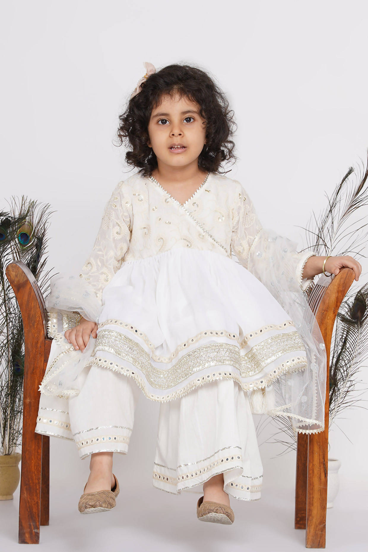 Little Bansi Girls Cotton Floral Embroidery & Lacework Kurta with Sharara & Dupatta - White