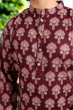 Souchii Men Burgundy Pure Cotton Ethnic Motif Printed Straight Kurta