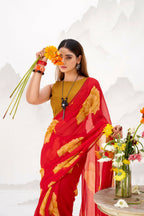 Vastranavya Red Floral Print with Lace Border work Chiffon Saree & Unstitched Blouse - Distacart