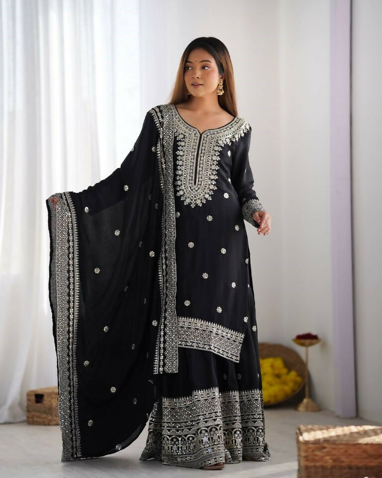 Teeya Creation Black Colour Chinnon Silk Heavy Embroidery Work Fully Stitched Salwar Suit - Distacart