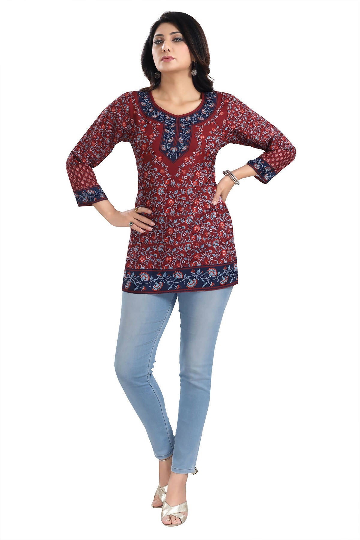 Snehal Creations Magical Maroon Summer Cool Printed Short Kurti Tunic Top - Distacart