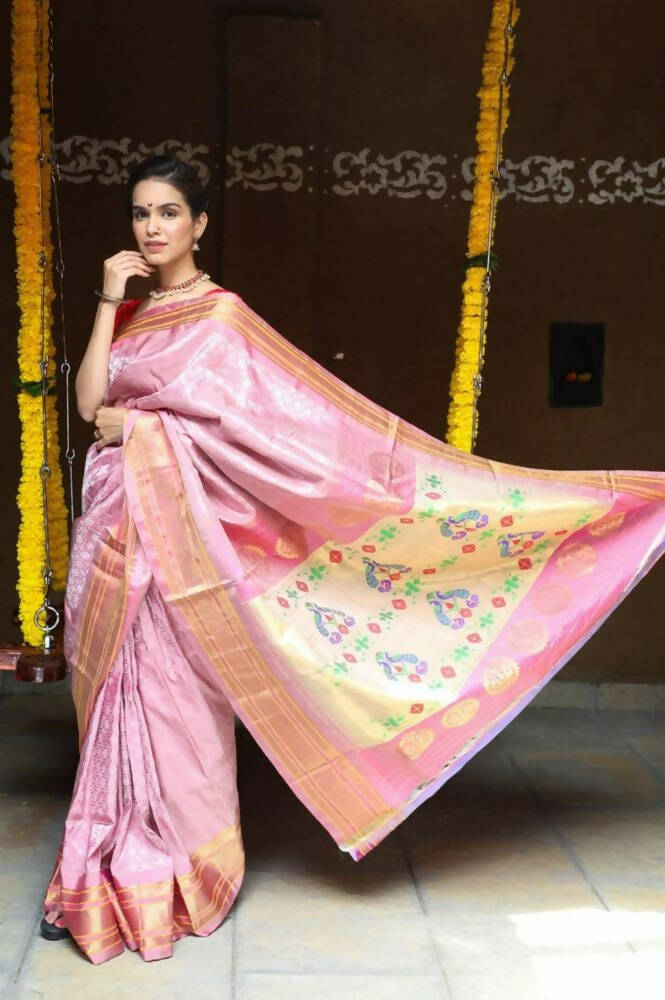Very Much Indian Silk Handloom Maharani Paithani In Rich Pearl Pink With Silver Zari Brocade - Distacart