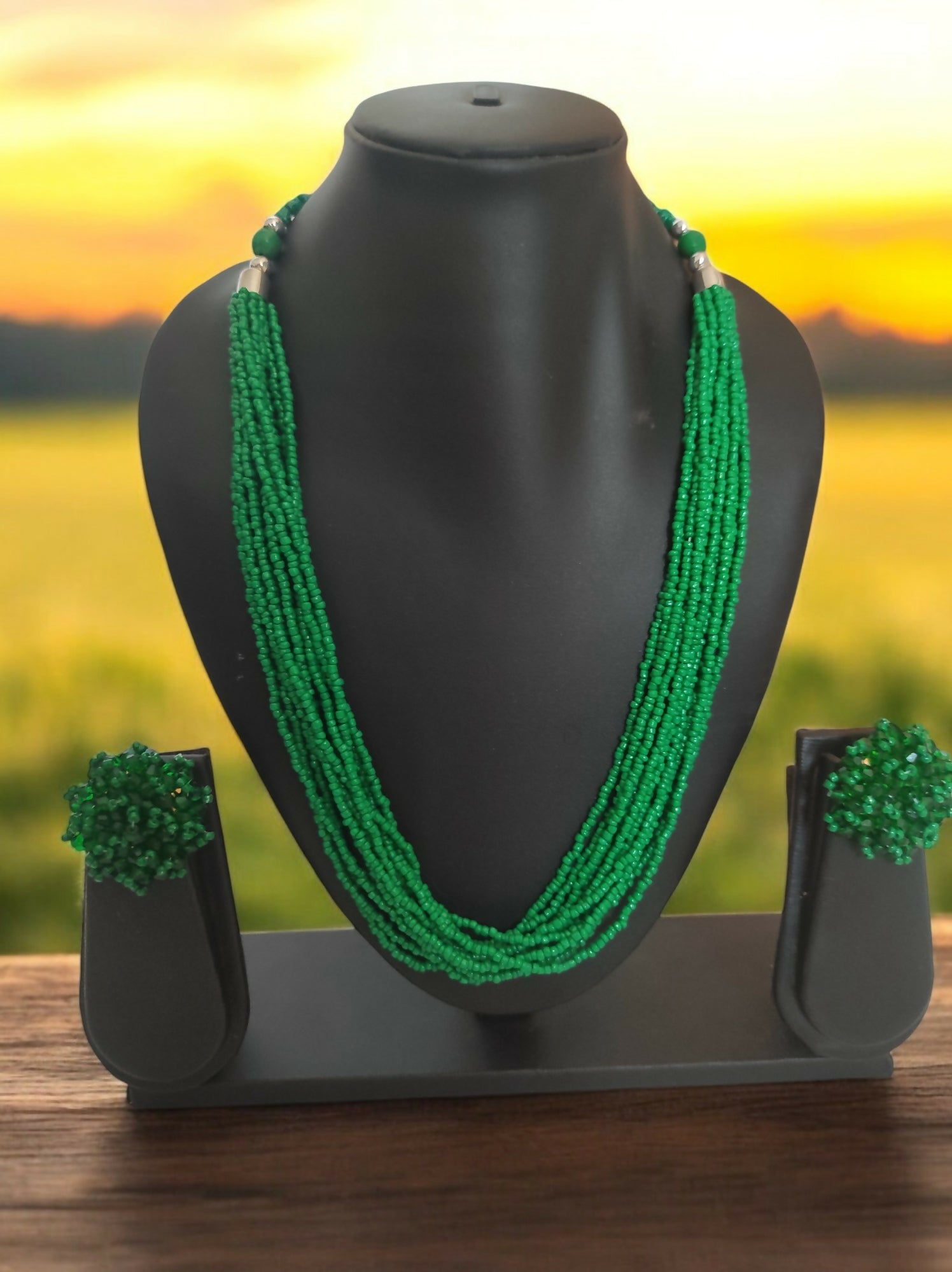 Inhanns Bloom Handmade Beaded Necklace With Earrings - 12 Layers - Darkgreen Necklace Set