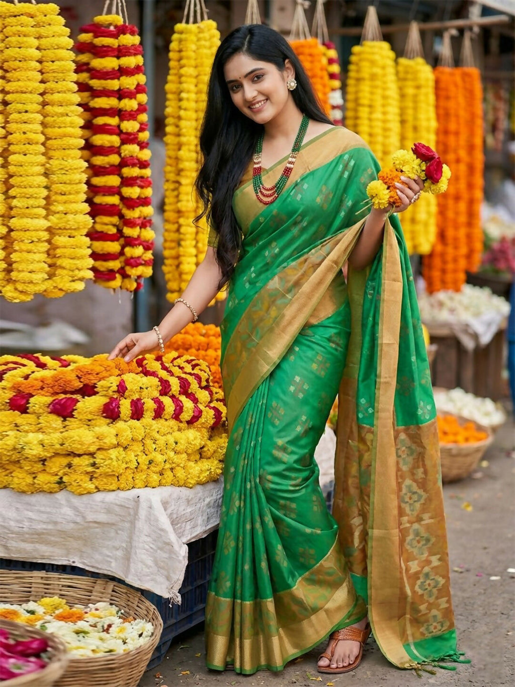Shree Shyam Fashion Green Pochampally Silk Saree - Distacart