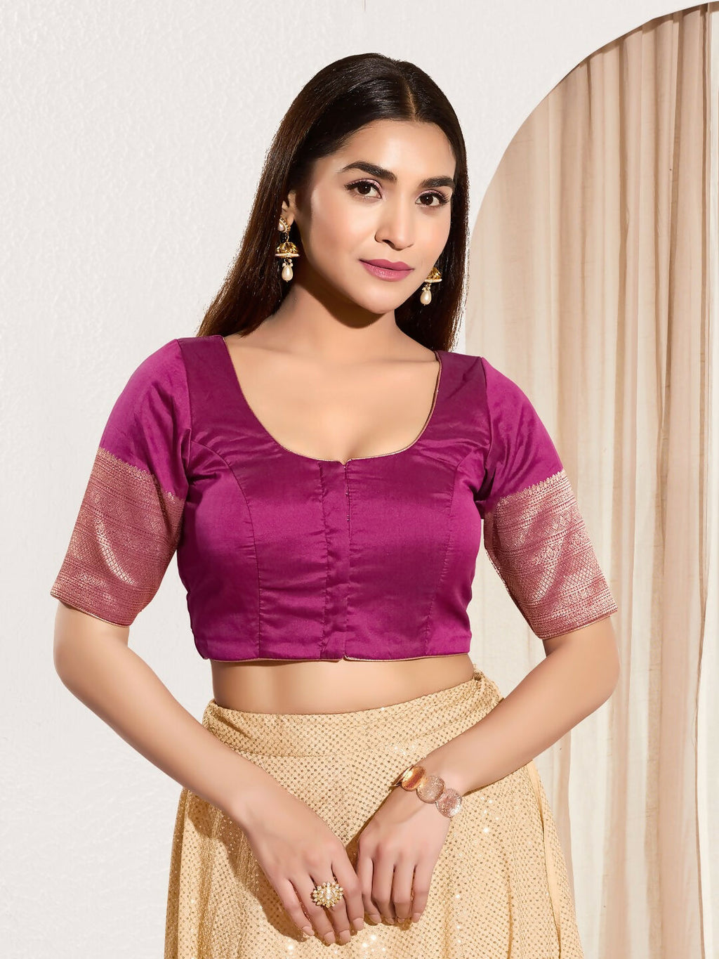 Joban Fashion South Pink Taffeta Silk Padded Blouse With Round Neck Elbow Sleeves - Distacart