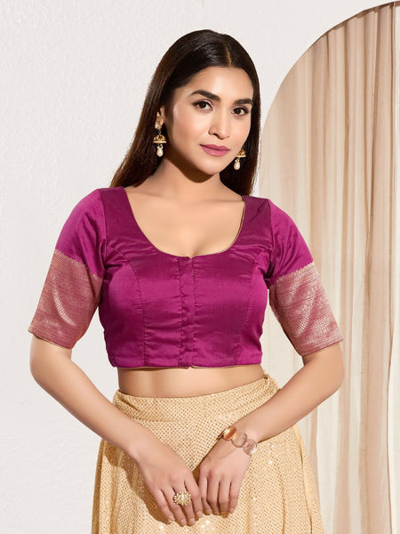 Joban Fashion South Pink Taffeta Silk Padded Blouse With Round Neck Elbow Sleeves