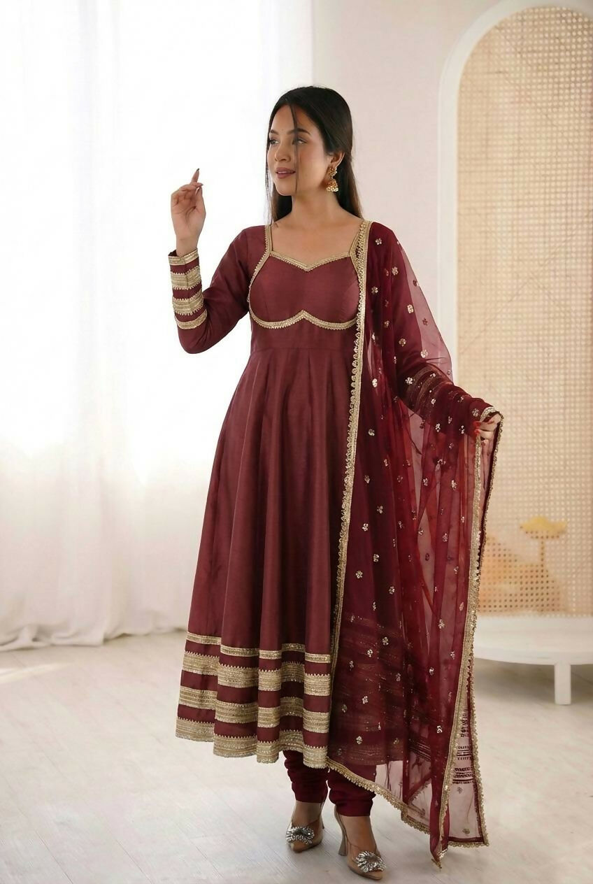 Teeya Creation Maroon Cosmos Gold Lace Work Party Wear Gown - Distacart