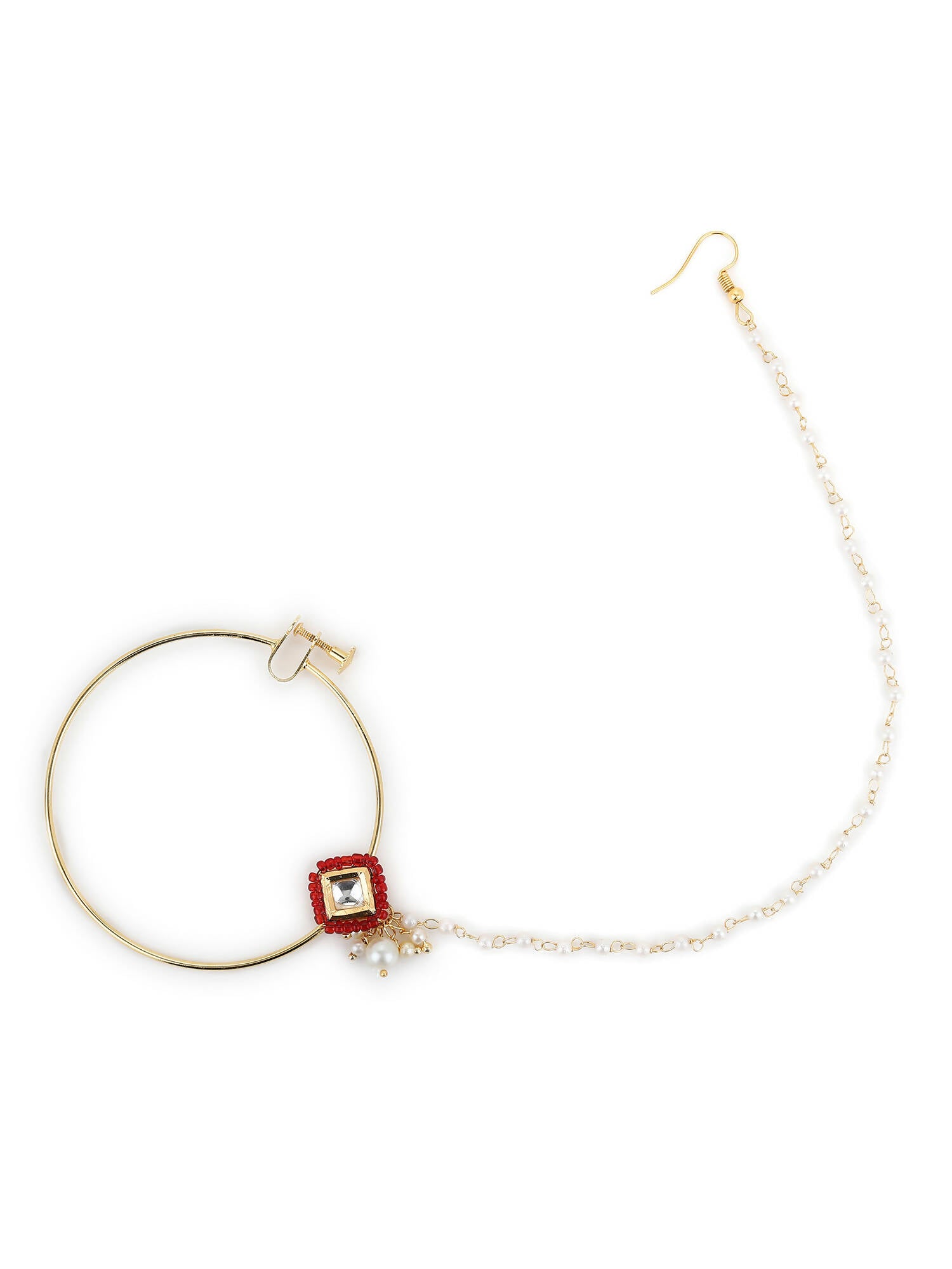 White Red Gold-Plated Kundan-Studded Beaded Nosepin - Ruby Raang - Distacart