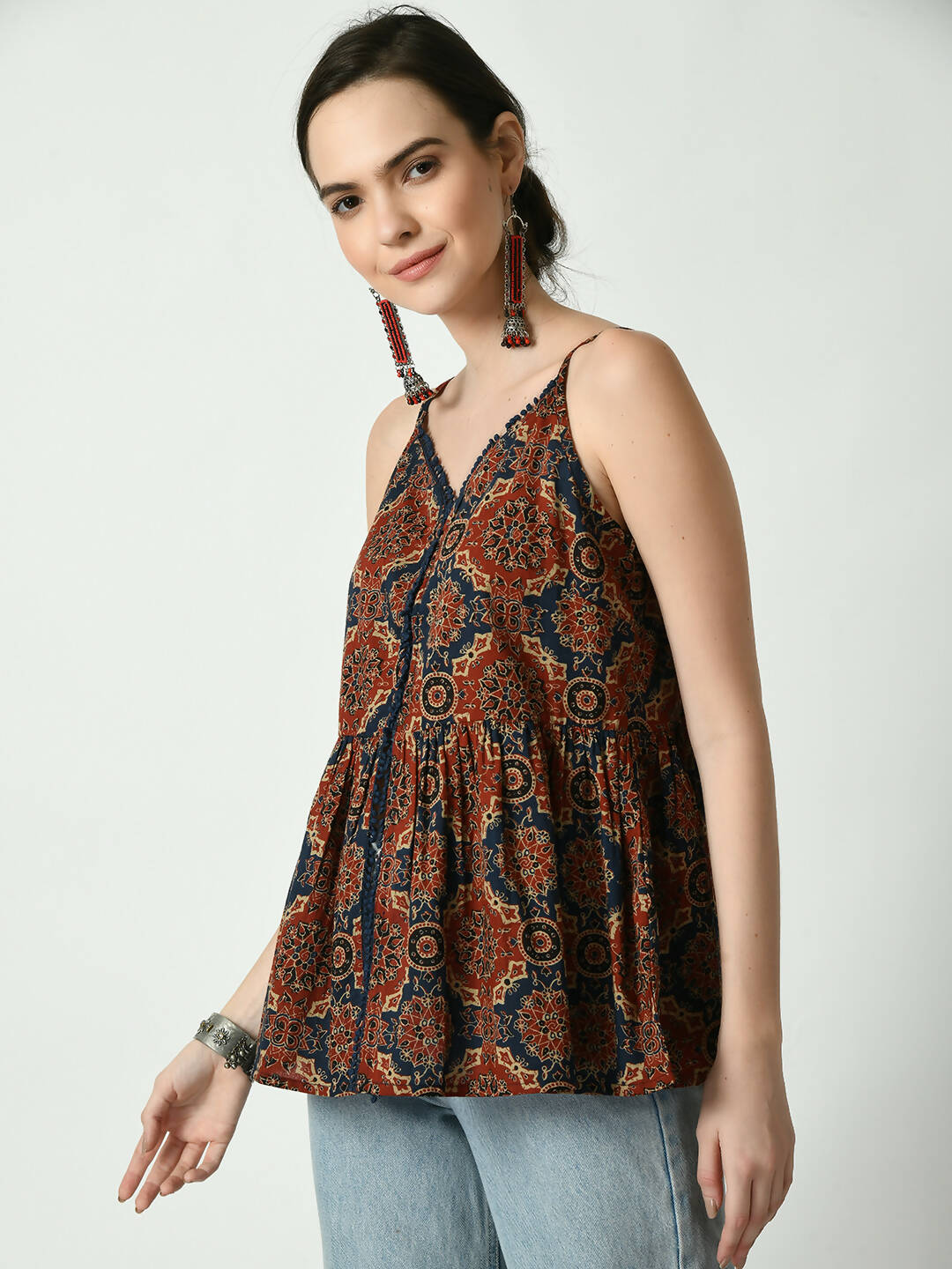 Myshka Women's Rust Printed Sweetheart Neck Top