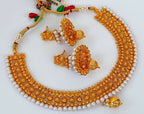 Designer Metallic Necklace Set With White Beads - Distacart