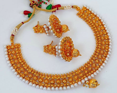 Designer Metallic Necklace Set With White Beads