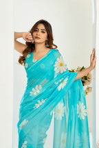 Vastranavya Sky Blue Digital Printed Linen Ready To Wear Designer Saree with Unstitched Blouse - Distacart