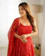 The52 Women's Beautiful Printed Chiffon Bandhej Fabric Flared Anarkali Pant and Dupatta Set - Distacart