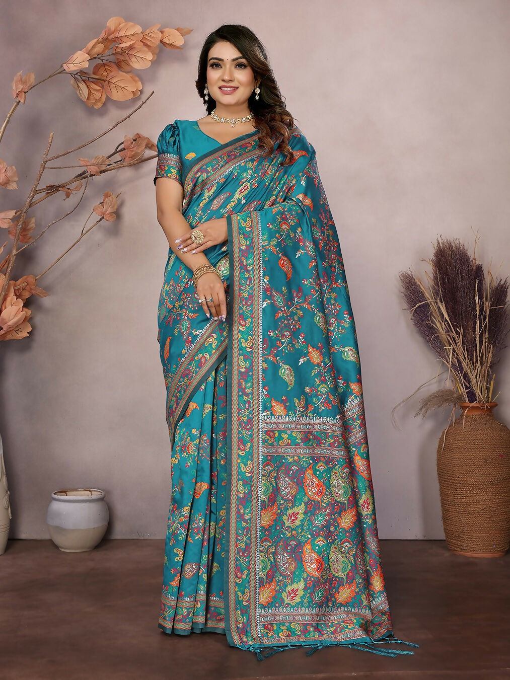 Joban Fashion Teal Meena Weaves Pashmina Sarees