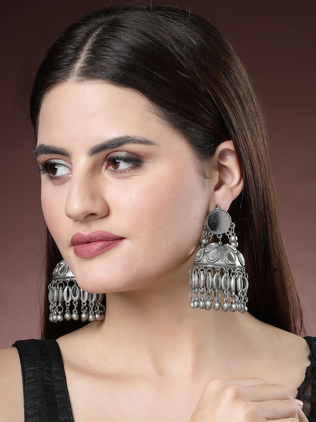 NVR Women's Silver Plated Mirror Work Oxidised Contemporary Jhumka Earrings - Distacart