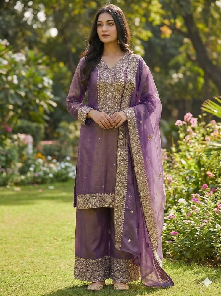 Teeya Creation Onion Color Fendy Silk Embroidery Work Wedding Wear Salwar Suit - Distacart