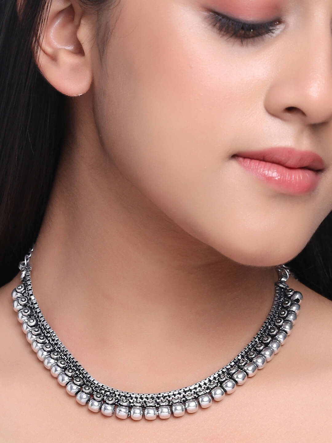 NVR Women Silver-Plated Oxidised Necklace
