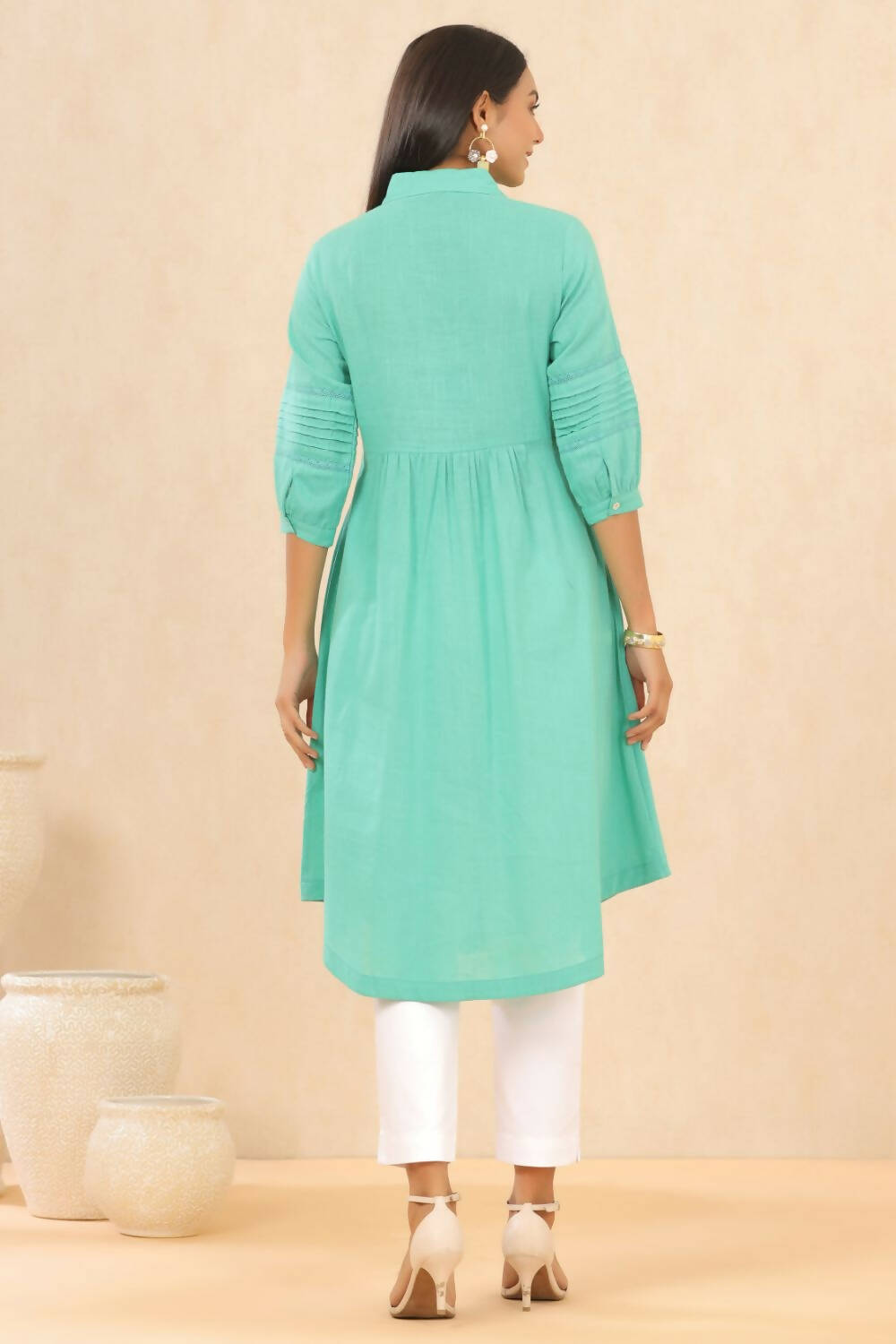 Juniper Womens Blush Turquoise Cotton Slub Solid Mid Length Shirt Dress With Lace Detailing - Distacart