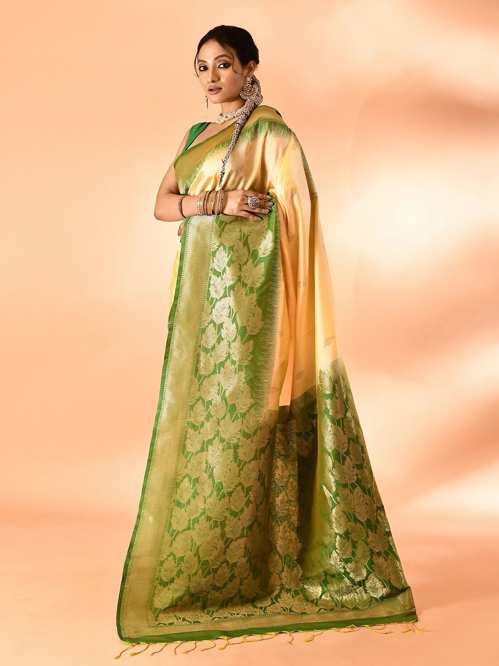 Joban Fashion Light Yellow & Parrot Green Plain With Weaving Border Banarasi Silk Sarees
