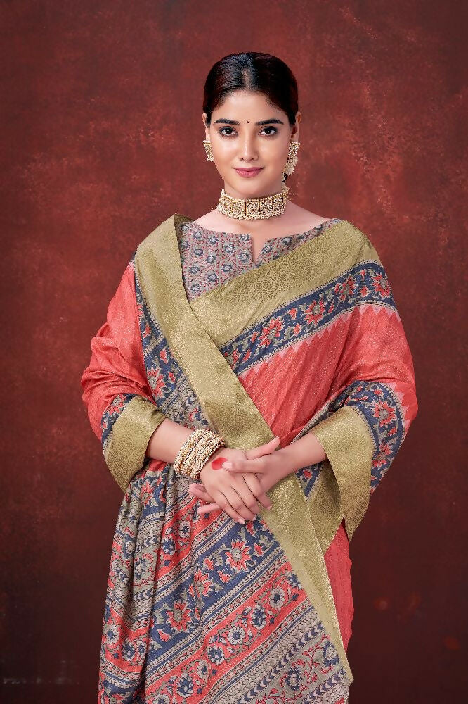 Red Poly Habotai Silk Foil Print Saree with Unstitched Blouse - Kathari