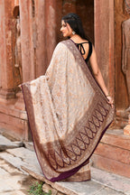 Joban Fashion Nude Grey Crepe Chiffon Pure Handloom Banarasi Silk Saree