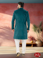 Joban Fashion Men's Blue Straight Swed Velvet Thread & Sequence Embroidery All Over Indo-Western Kurta Set