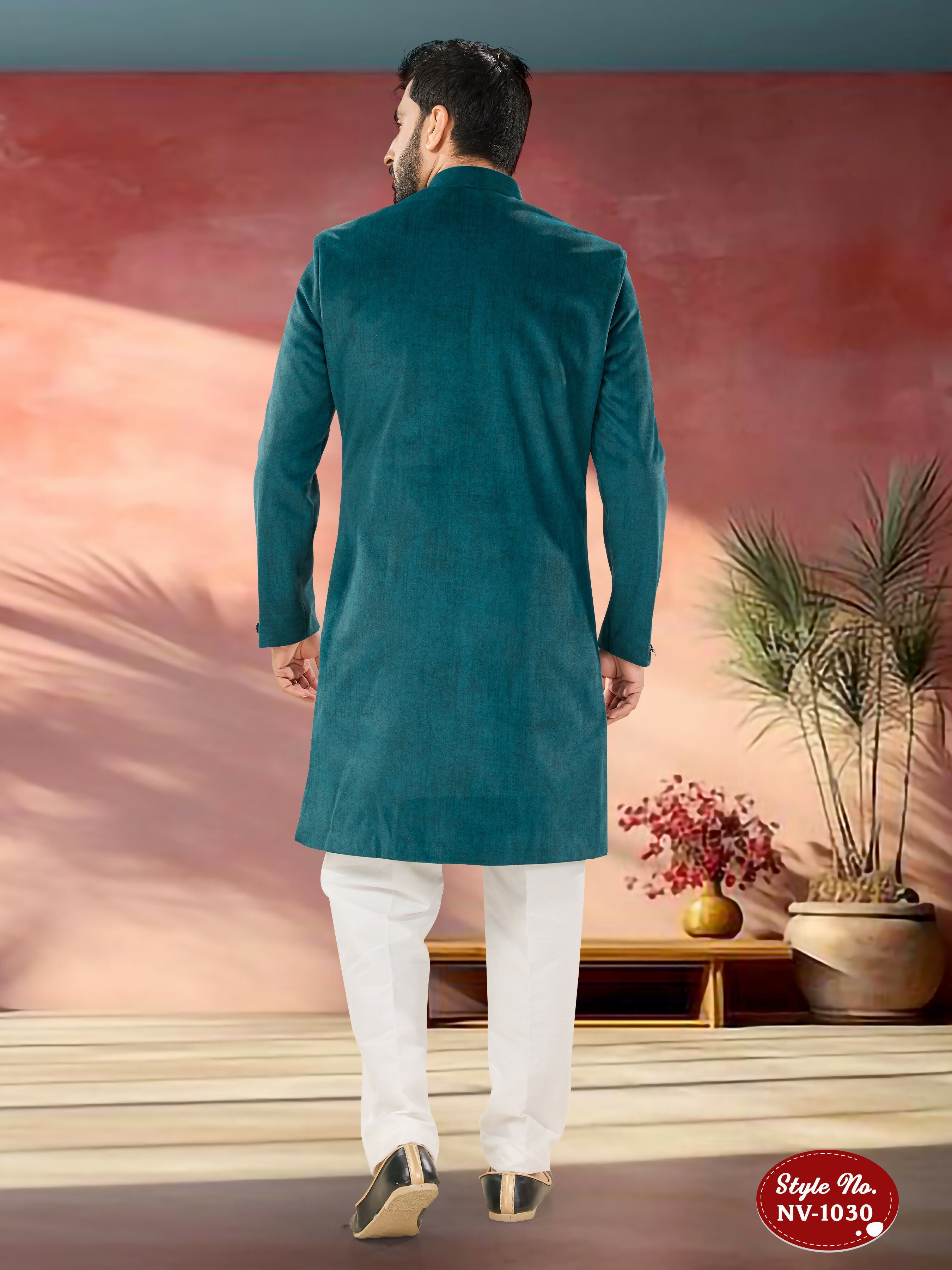 Joban Fashion Men's Blue Straight Swed Velvet Thread & Sequence Embroidery All Over Indo-Western Kurta Set