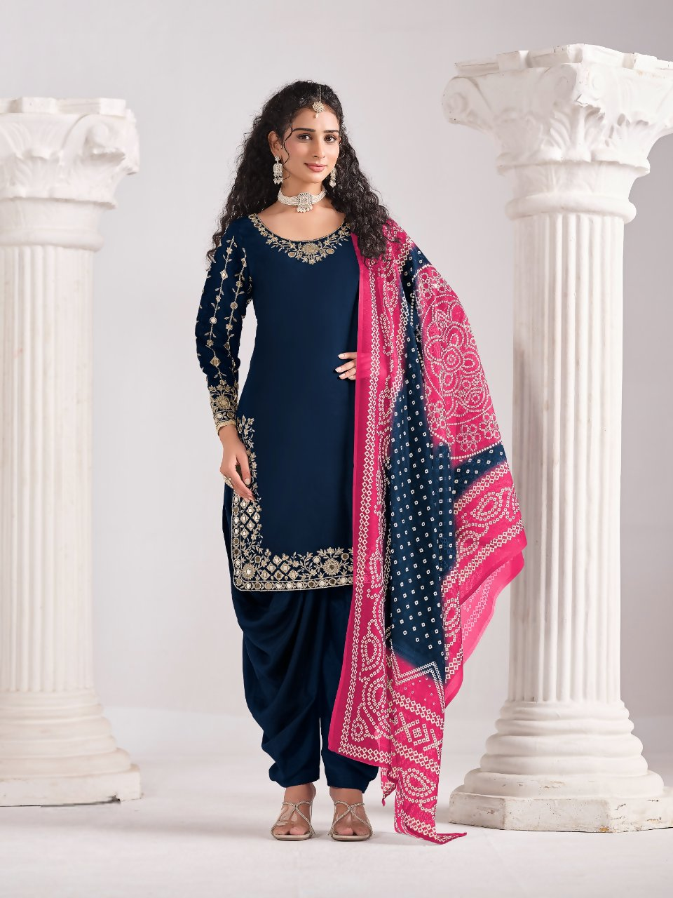 Anaita Navy Blue Roman Silk Stitched Suit with Embroidery & Real Mirror Work - Distacart
