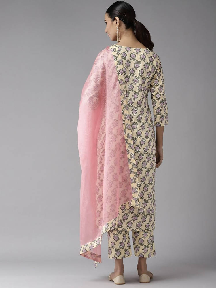 Yufta Women Yellow & Green Floral Handblock Printed Cotton Kurta with Trouser & Dupatta