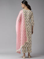 Yufta Women Yellow & Green Floral Handblock Printed Cotton Kurta with Trouser & Dupatta