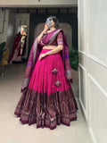 Vastranavya Kashmiri Print With Foil Print Lehenga with Unstitched Printed Blouse - Pink