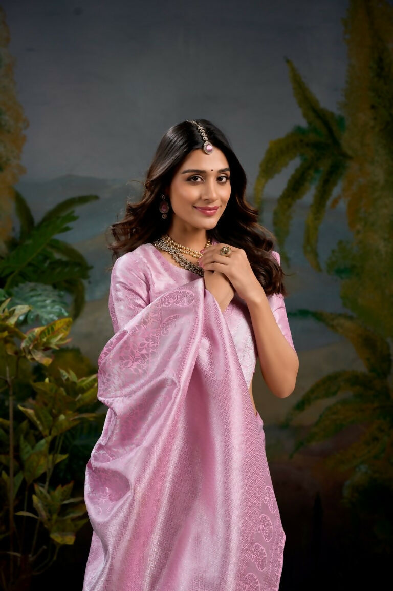 Vastranavya Baby Pink Kanjivaram Zari Weaving Work Saree with Unstitched Blouse