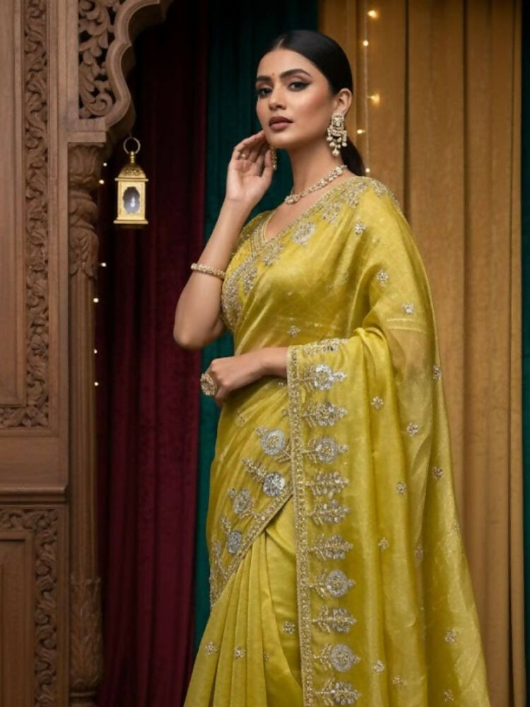 Joban Fashion Yellow Fandy Satin Silk Party Wear Sarees - Distacart