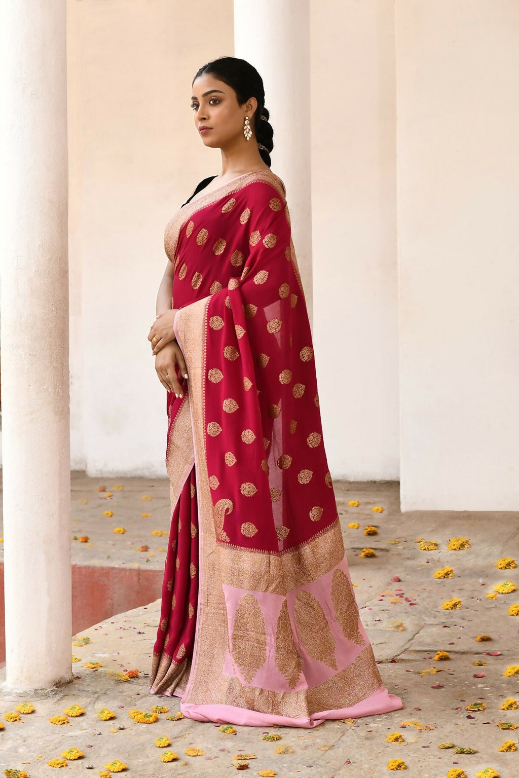 Joban Fashion Red Crepe Chiffon Pure Handloom Banarasi Silk Saree
