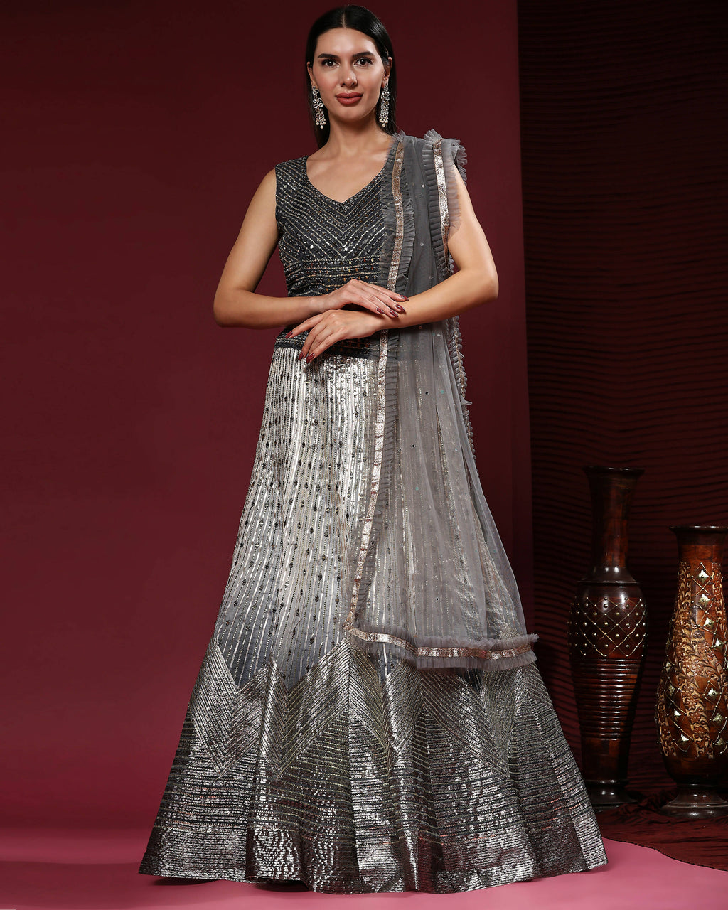Grey Organza Mirror With Coding Work Lehenga Choli with Dupatta - Tanya