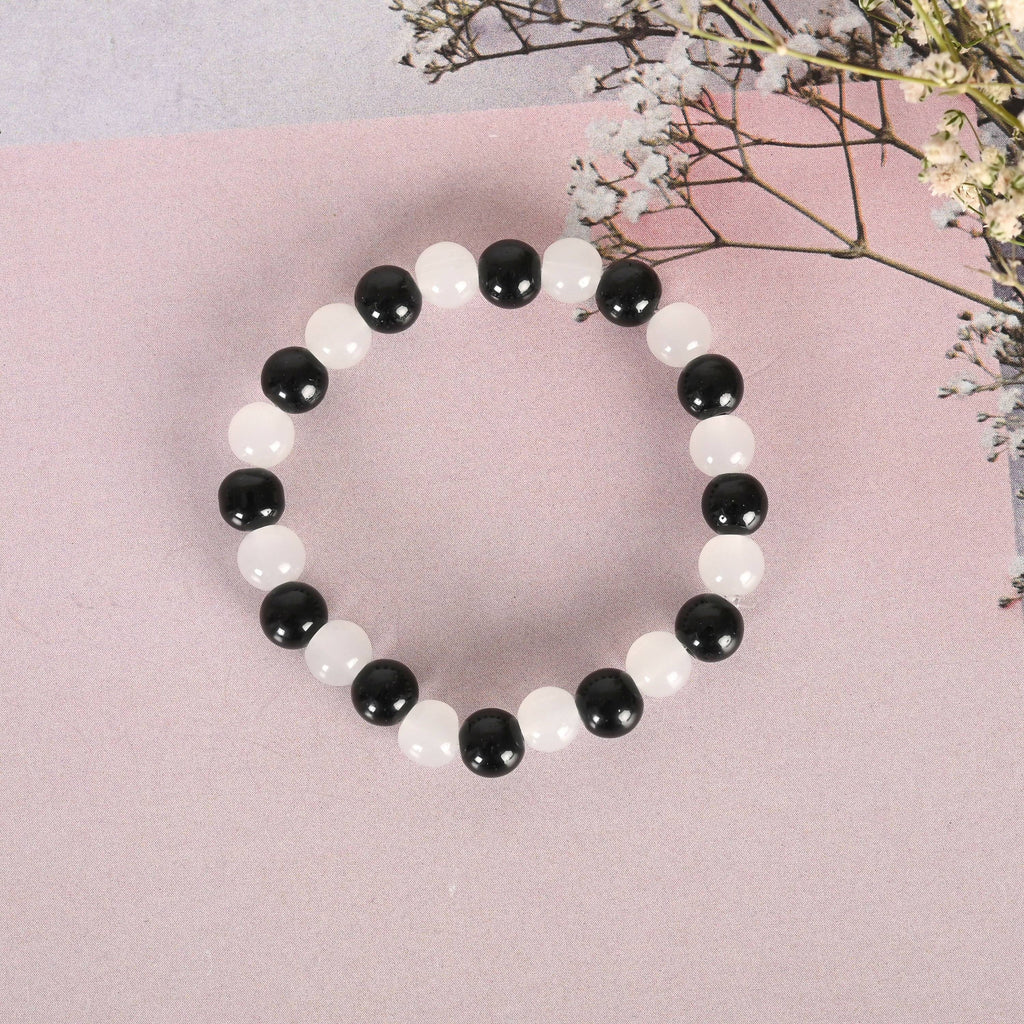 NVR Men & Women White Marble Crystal Beaded Elasticated Bracelet - Distacart