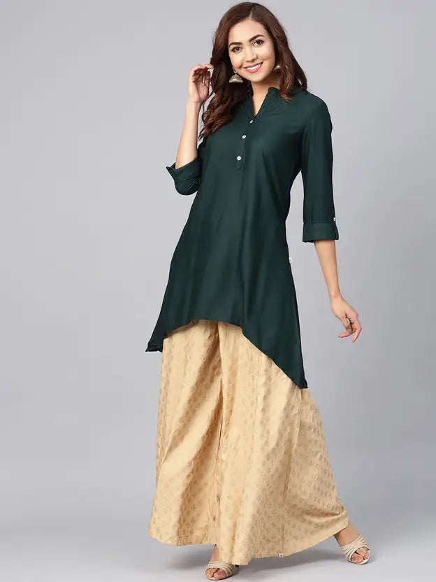 Juniper Women Solid Viscose Rayon Asymmetric Kurta (Dark Green) - Distacart