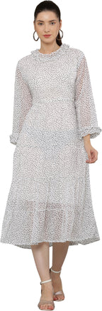 PAVONINE Micro Dots Frill-Neck Georgette Fabric White Dress For Women - Distacart