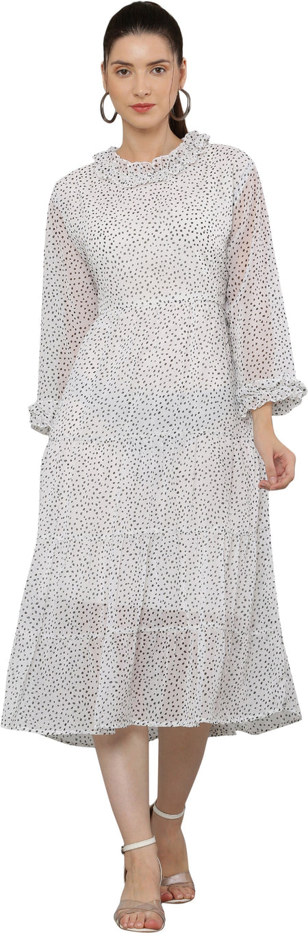 PAVONINE Micro Dots Frill-Neck Georgette Fabric White Dress For Women