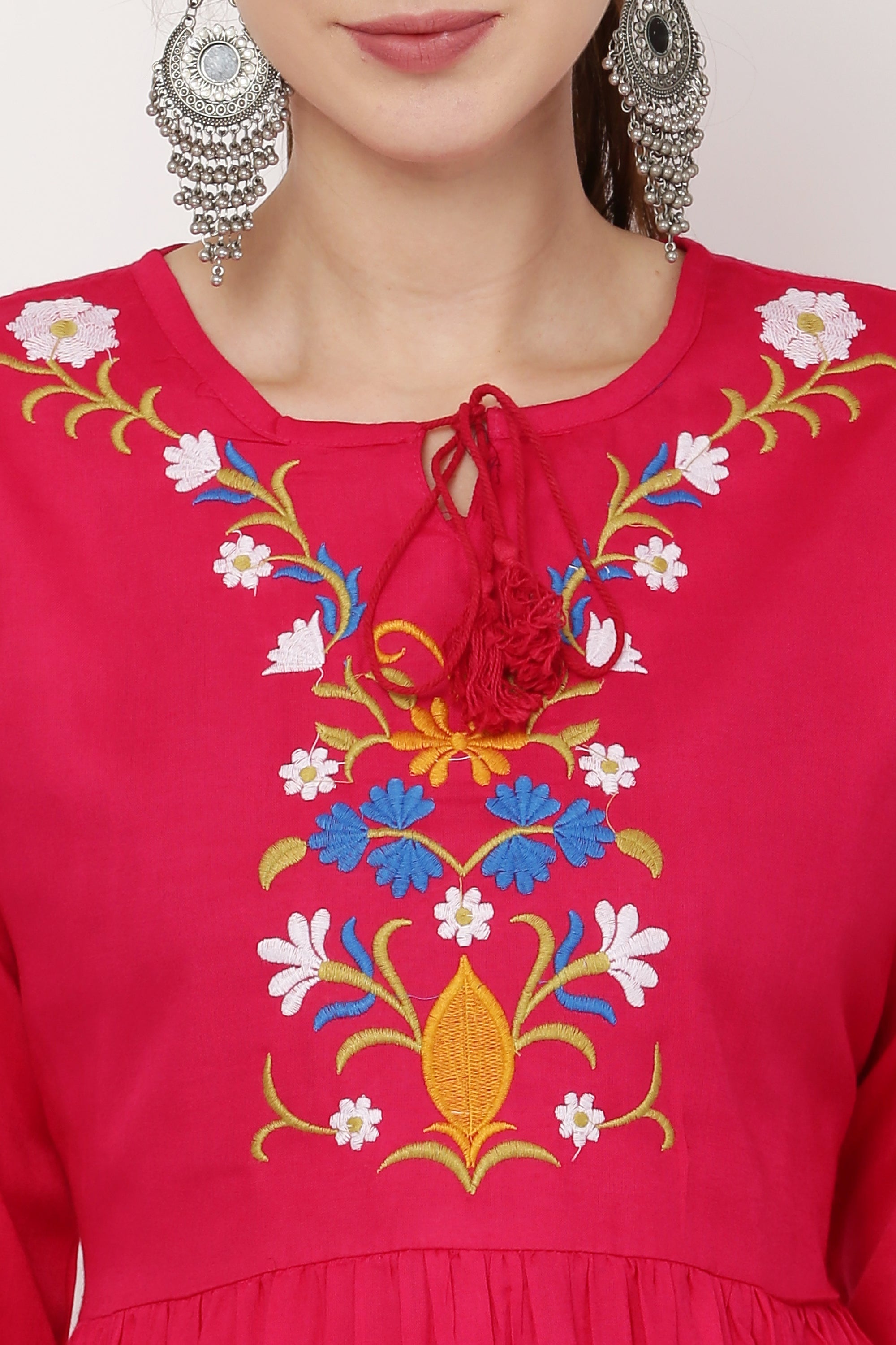 PAVONINE Rani Color Flower Embroidery Dress For Women - Distacart