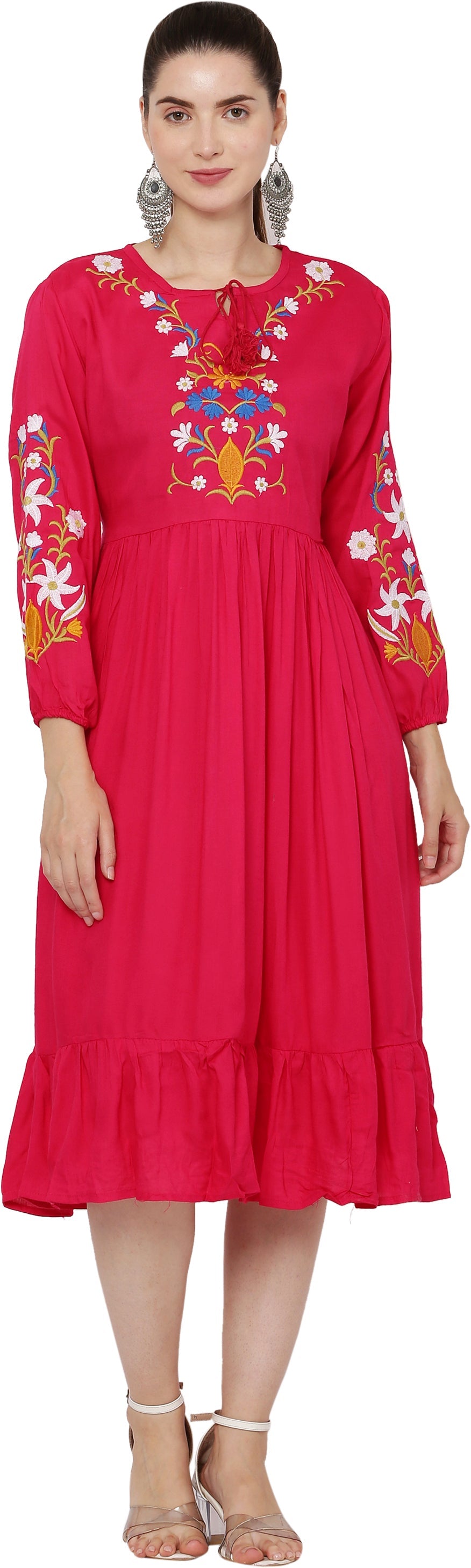 PAVONINE Rani Color Flower Embroidery Dress For Women - Distacart